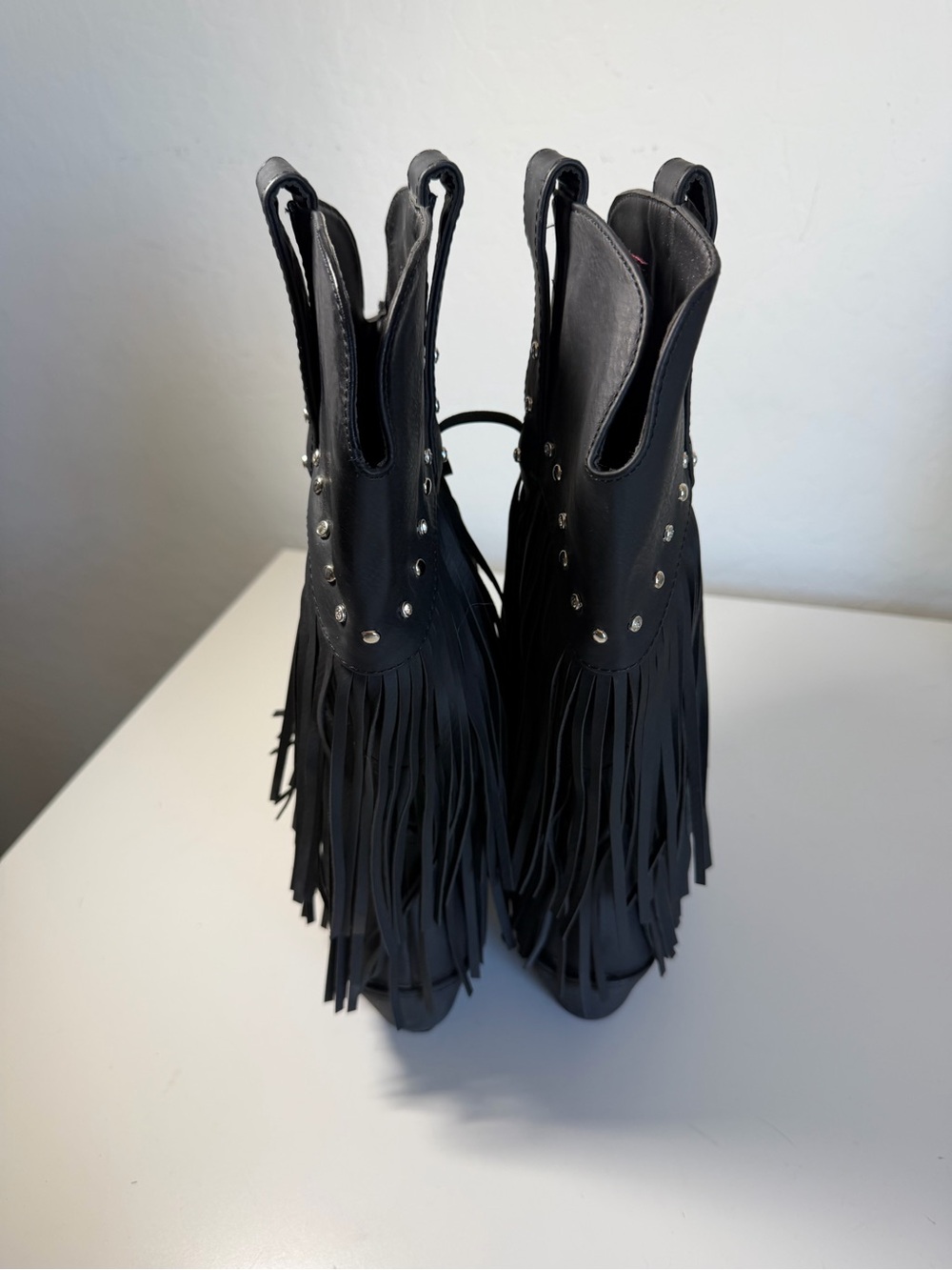 Roper Black Leather Fringe Studded Western Boots Pointed Toe 6.5 - Picture 4 of 5
